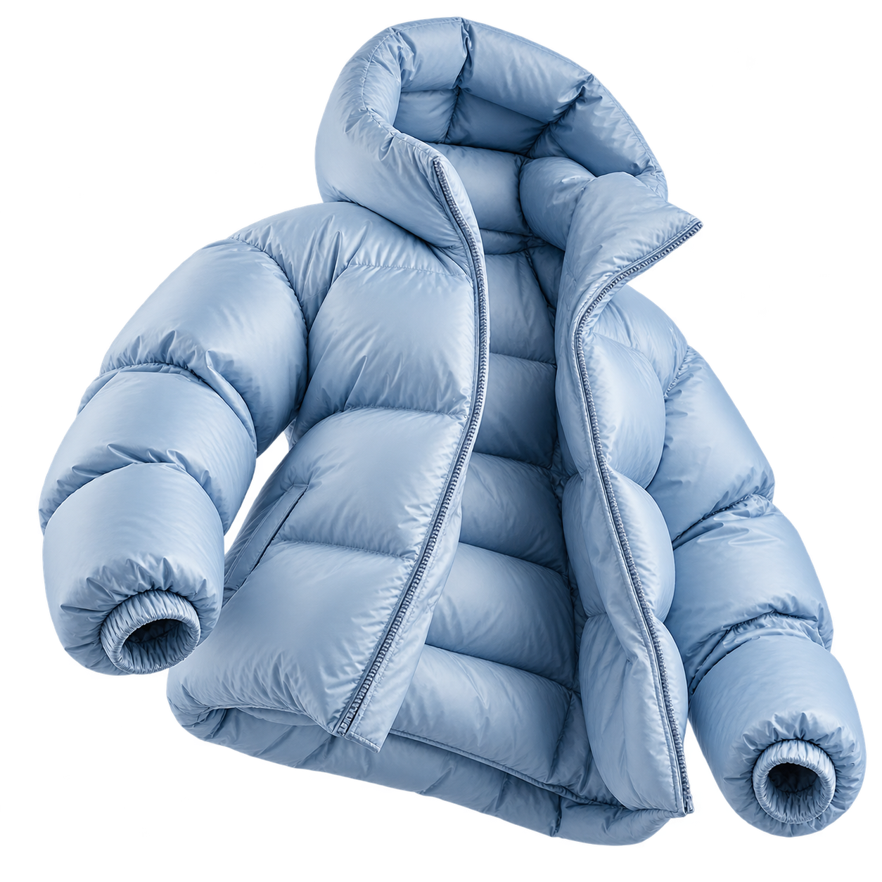 Puffer azul glacial com gola alta e volume escultural