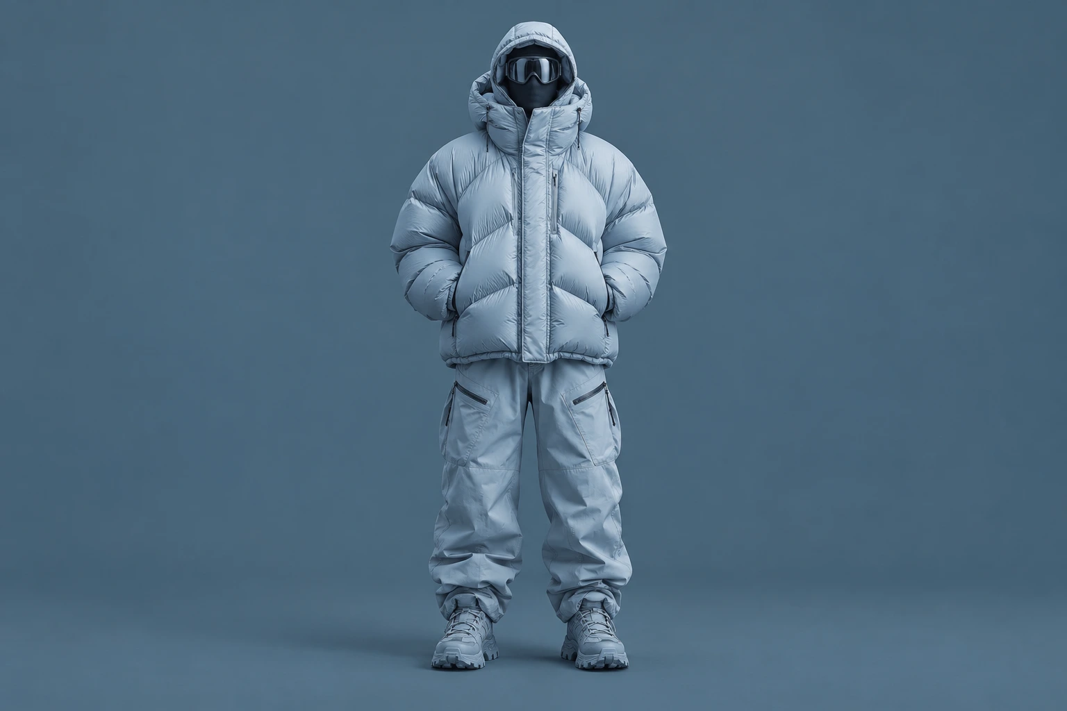Modelo com puffer azul glacial, calça ampla e botas de inverno
